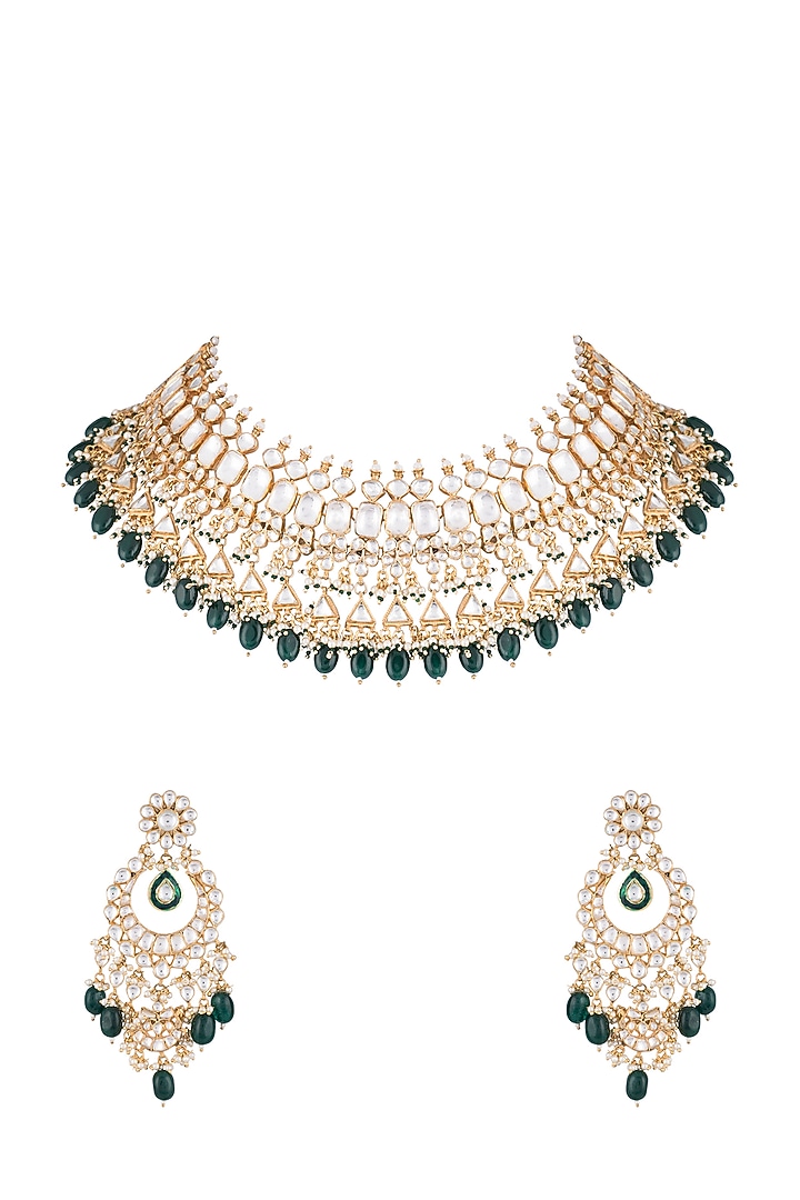 22Kt Gold Plated Emerald & Pearl Necklace Set by Riana Jewellery at Pernia's Pop Up Shop