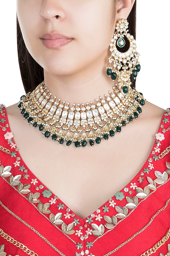 22Kt Gold Plated Emerald & Pearl Necklace Set by Riana Jewellery