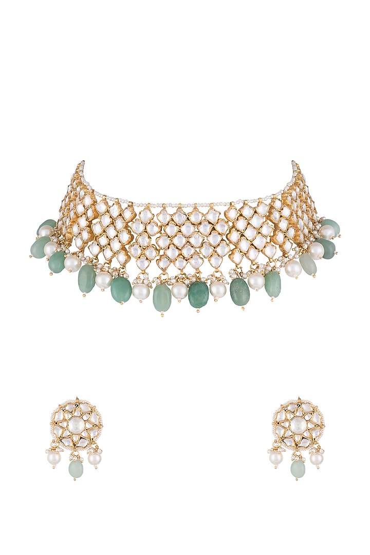 22Kt Gold Plated Jade Stone & Pearl Necklace Set Design by Riana