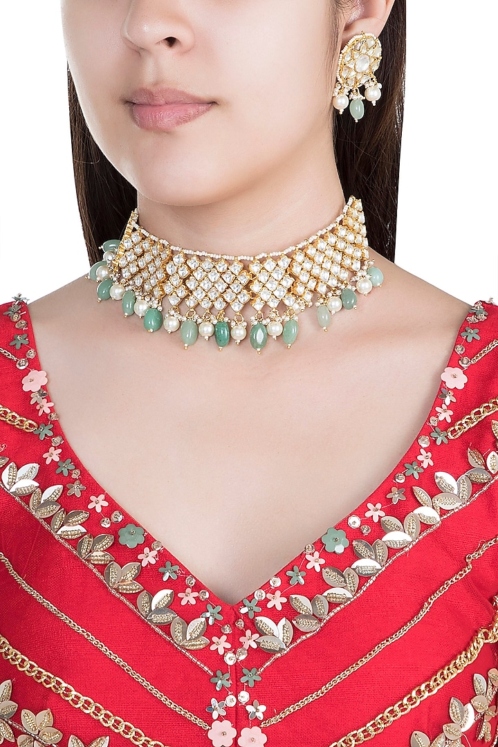22Kt Gold Plated Jade Stone & Pearl Necklace Set by Riana Jewellery