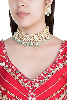 22Kt Gold Plated Jade Stone & Pearl Necklace Set by Riana Jewellery-JEWELLERY ON DISCOUNT