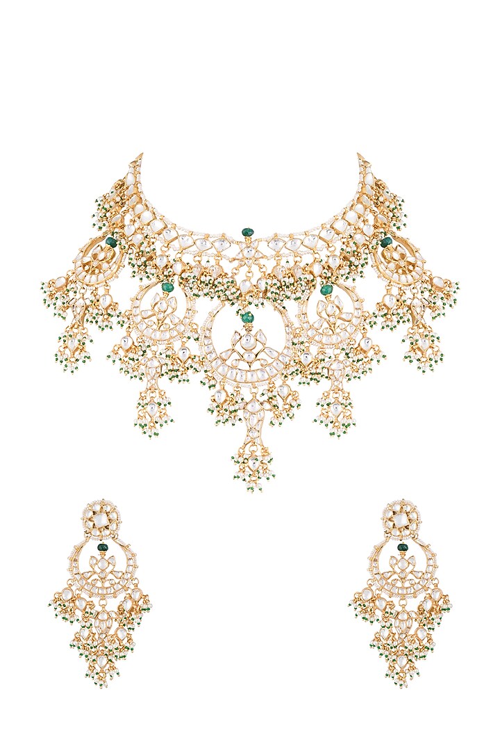 22Kt Gold Plated Pearl & Emerald Chand Pendant Necklace Set by Riana Jewellery at Pernia's Pop Up Shop