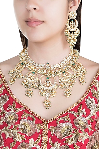 22Kt Gold Plated Pearl & Emerald Chand Pendant Necklace Set by Riana Jewellery