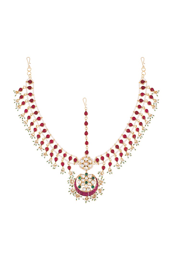 22Kt Gold Plated Stones & Pearl Mathapatti by Riana Jewellery at Pernia's Pop Up Shop