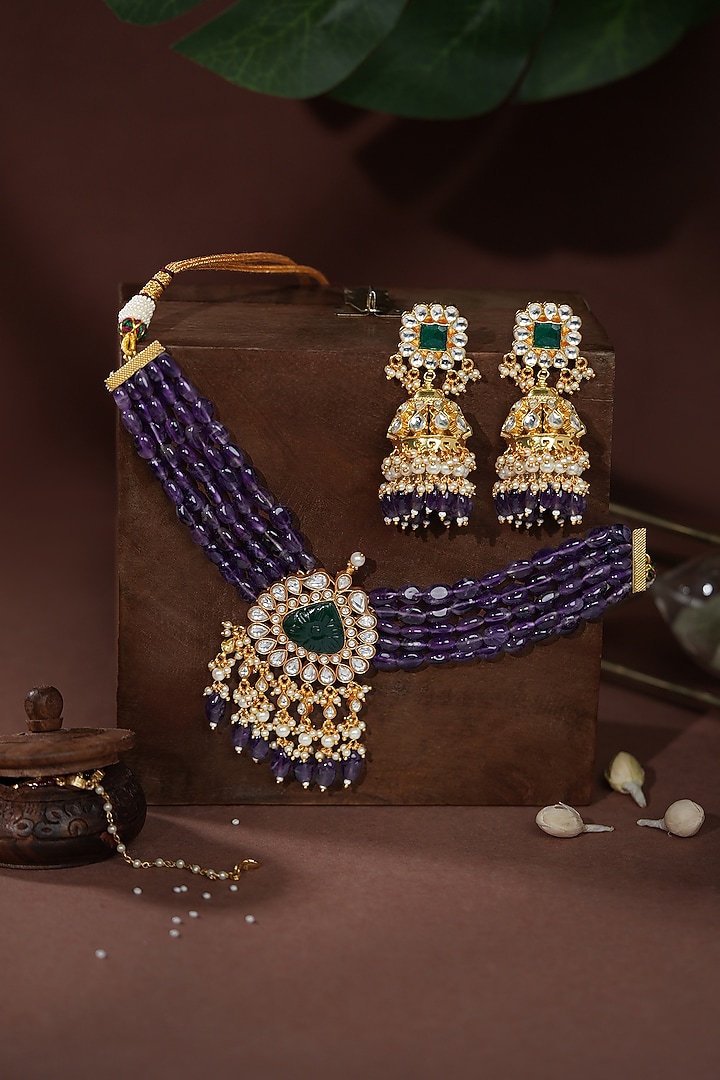 Gold Plated Emerald & Amethyst Jadtar Beaded Choker Necklace Set by Riana Jewellery at Pernia's Pop Up Shop