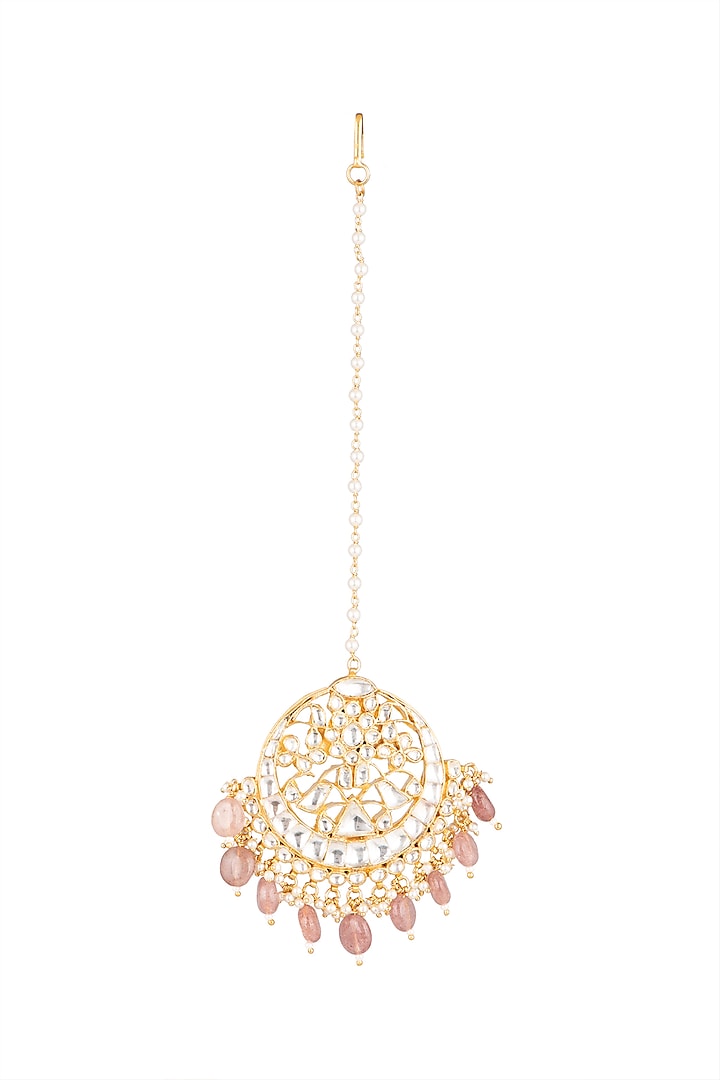 Matte Gold Plated Pink Beaded Maang Tikka by Riana Jewellery