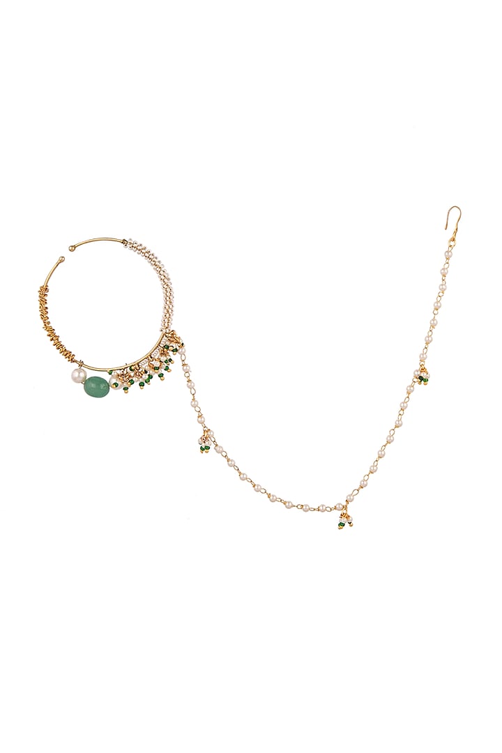 Matte Gold Plated Green Beaded Nose Ring by Riana Jewellery