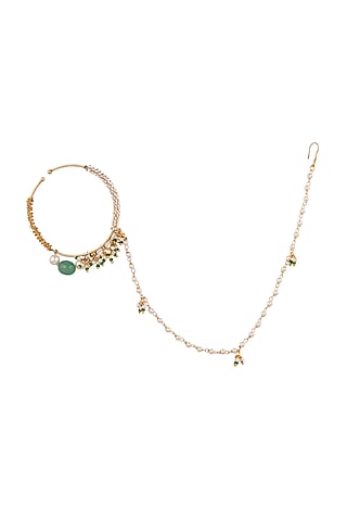 Matte Gold Plated Green Beaded Nose Ring by Riana Jewellery