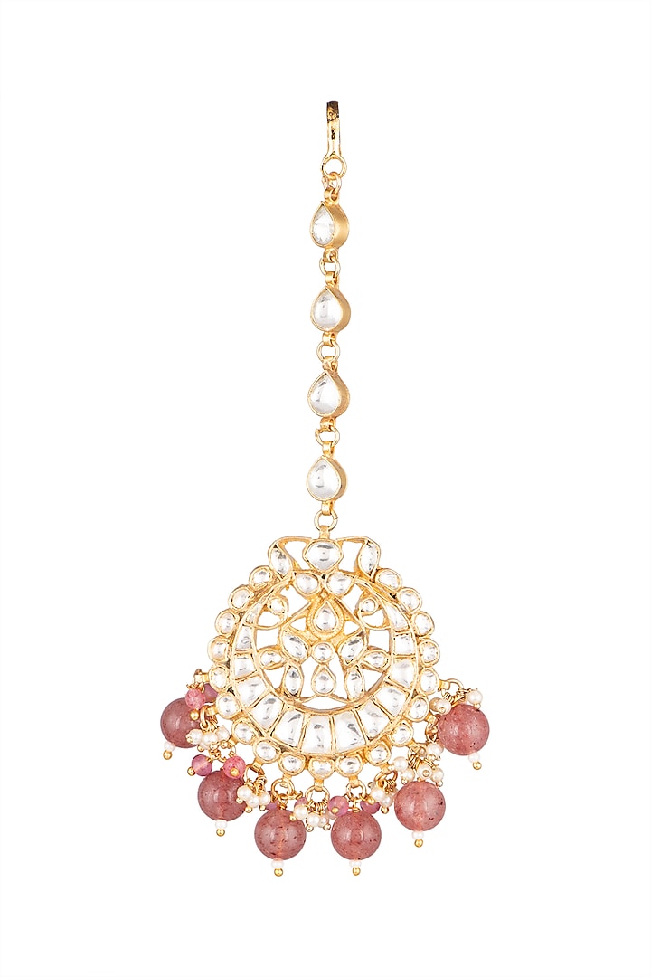 Matte Gold Plated Pastel Pink Beaded Maang Tikka by Riana Jewellery