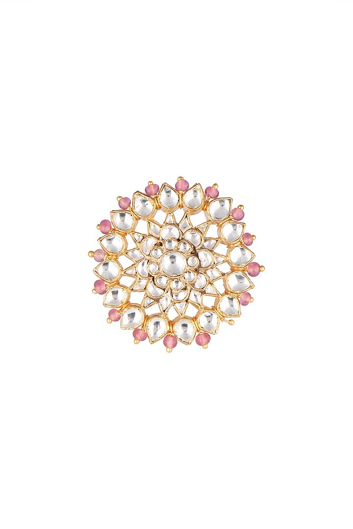 Matte Gold Plated Light Pink Beaded Ring by Riana Jewellery
