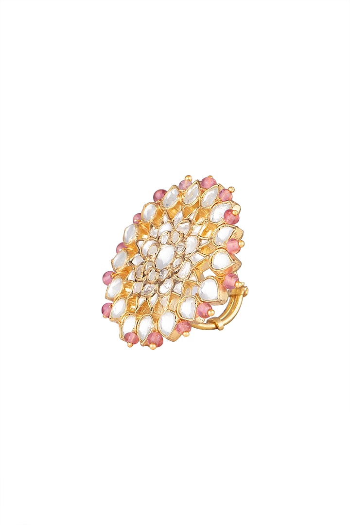 Matte Gold Plated Light Pink Beaded Ring by Riana Jewellery