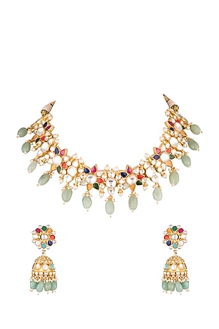 Matte Gold Plated Beaded Choker Necklace Set by Riana Jewellery