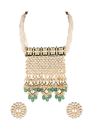 Matte Gold Plated Jadtar Pendant Necklace Set by Riana Jewellery