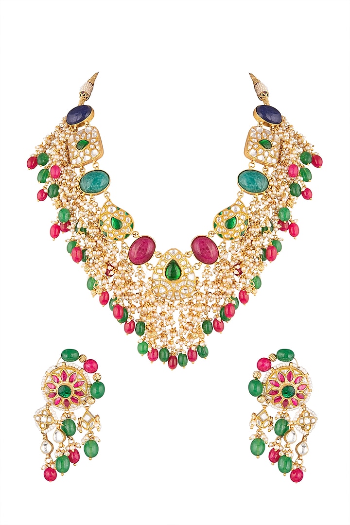 Matte Gold Plated Jadtar & Bead Necklace Set by Riana Jewellery