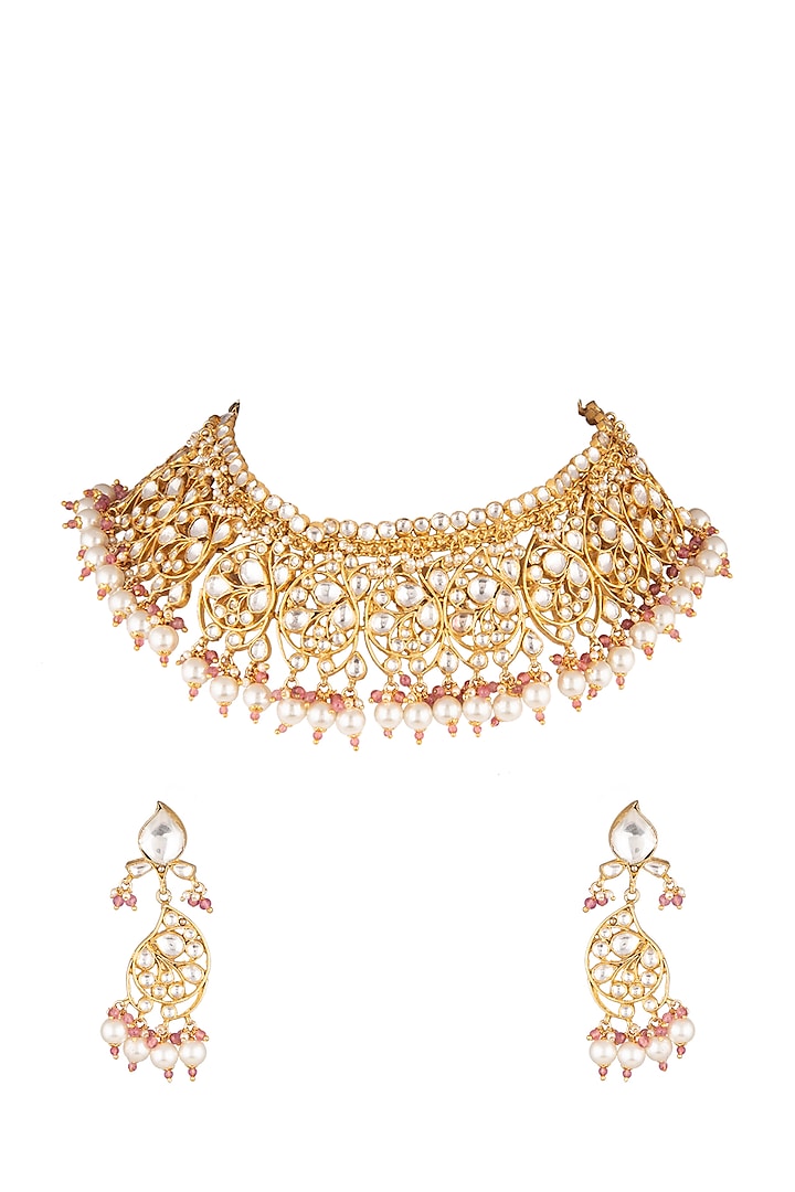 Matte Gold Plated Pearl Necklace Set by Riana Jewellery