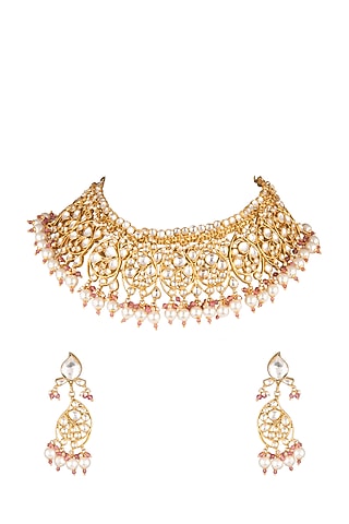 Matte Gold Plated Pearl Necklace Set by Riana Jewellery