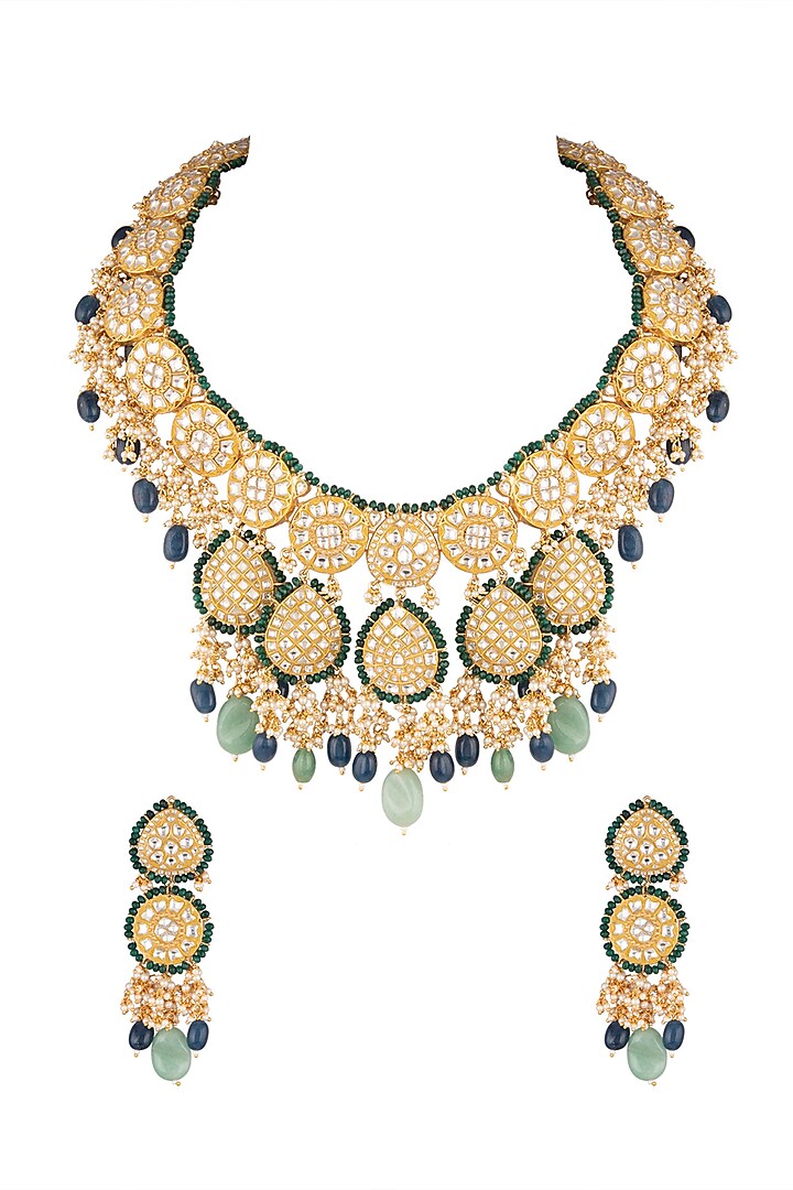 Matte Gold Plated Beaded Necklace Set by Riana Jewellery