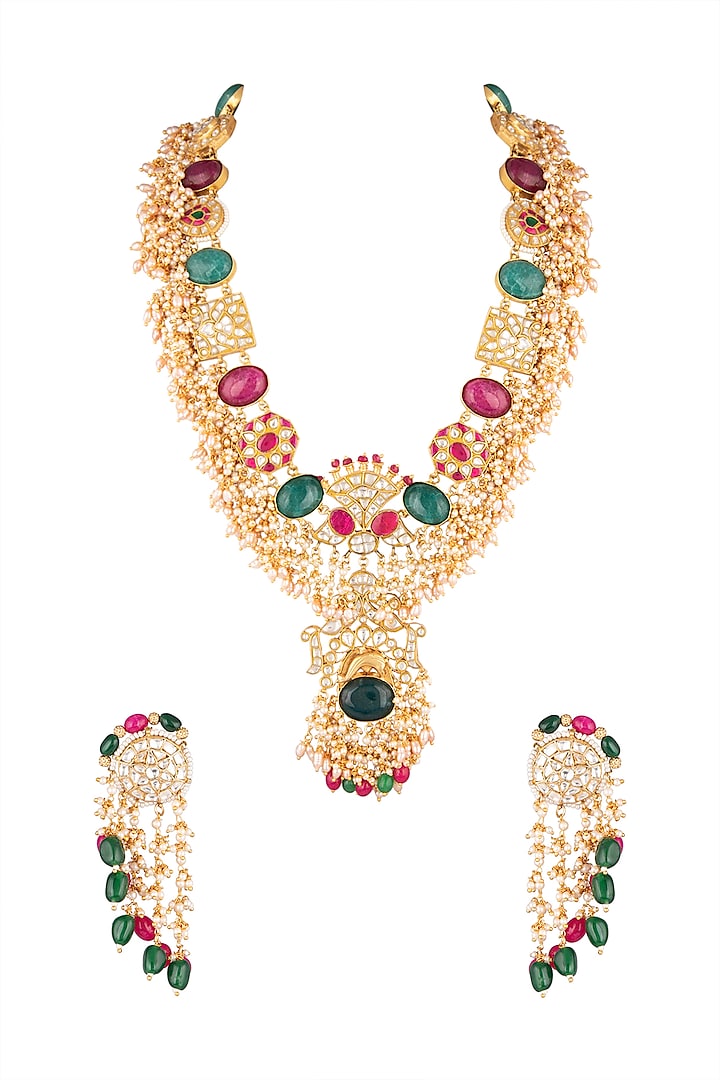 Matte Gold Plated Jadtar Necklace Set by Riana Jewellery