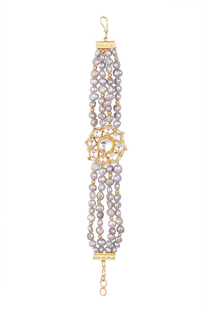 Gold Plated Jadtar Stone Floral Bracelet by Riana Jewellery