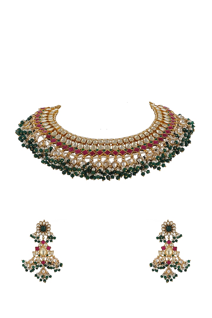 Gold Plated Pink Jadtar & Semi-Precious Stone Necklace Set by Riana Jewellery at Pernia's Pop Up Shop