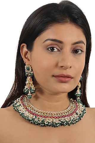 Gold Plated Pink Jadtar & Semi-Precious Stone Necklace Set by Riana Jewellery