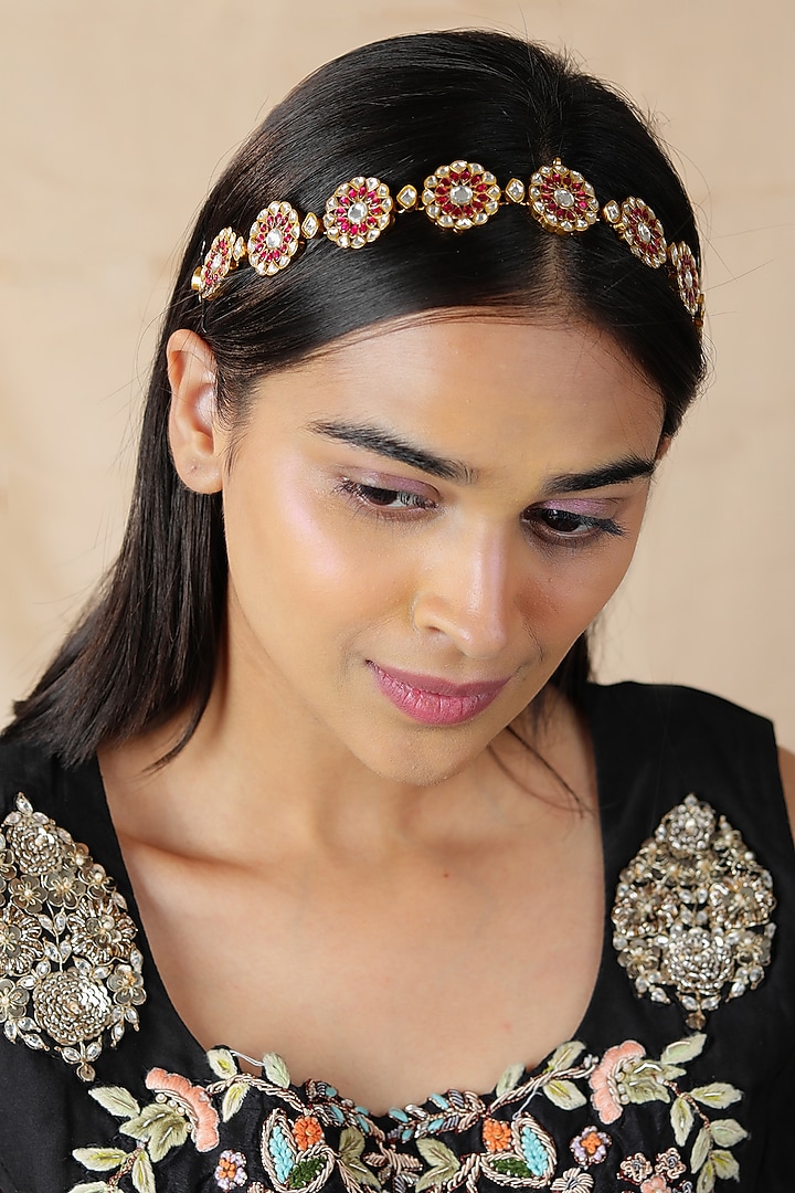 Gold Finish Jadau & Kundan Polki Hairband by Riana Jewellery at Pernia's Pop Up Shop