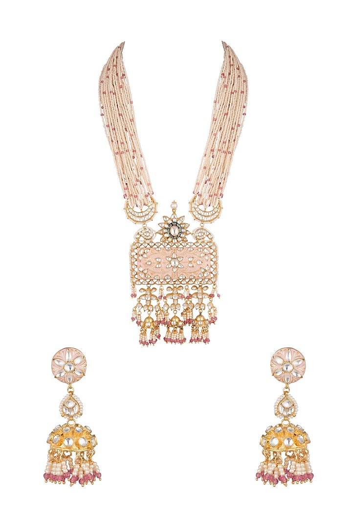 Gold Plated Pearl & Bead Pendant Necklace Set by Riana Jewellery