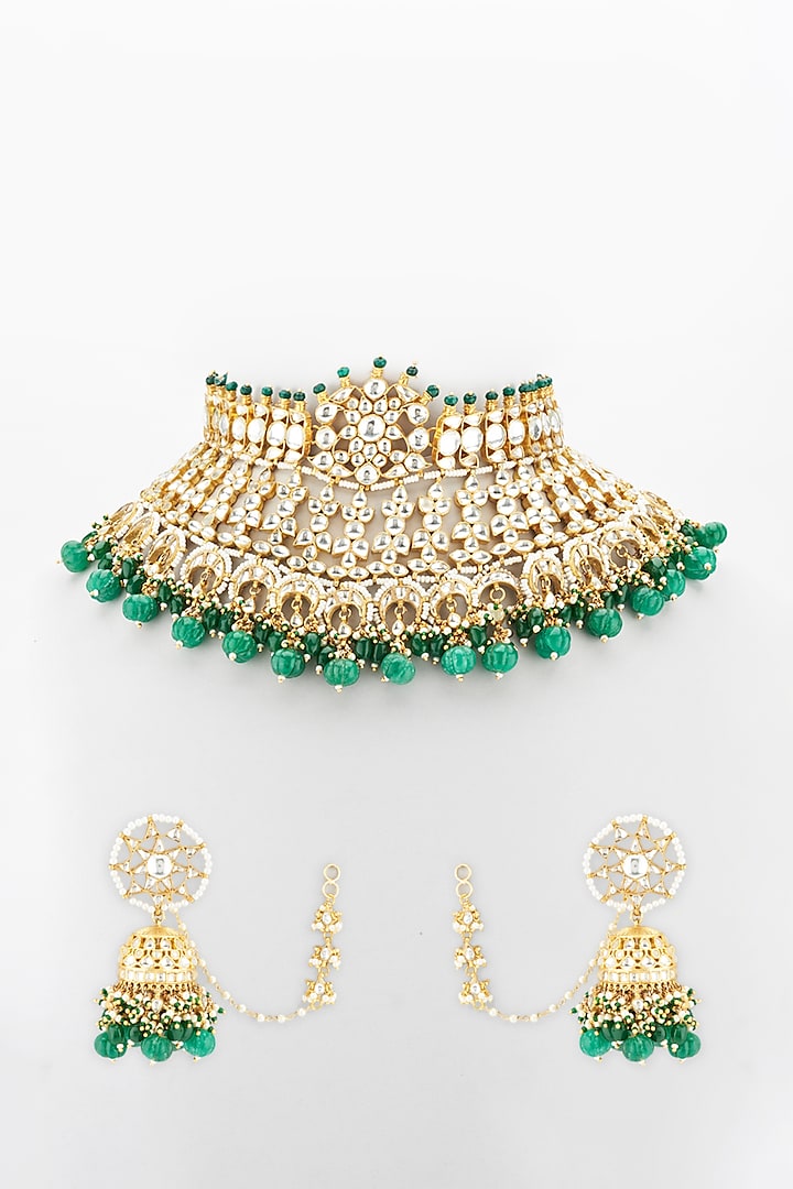 Gold Plated Bridal Necklace Set With Green Beads by Riana Jewellery