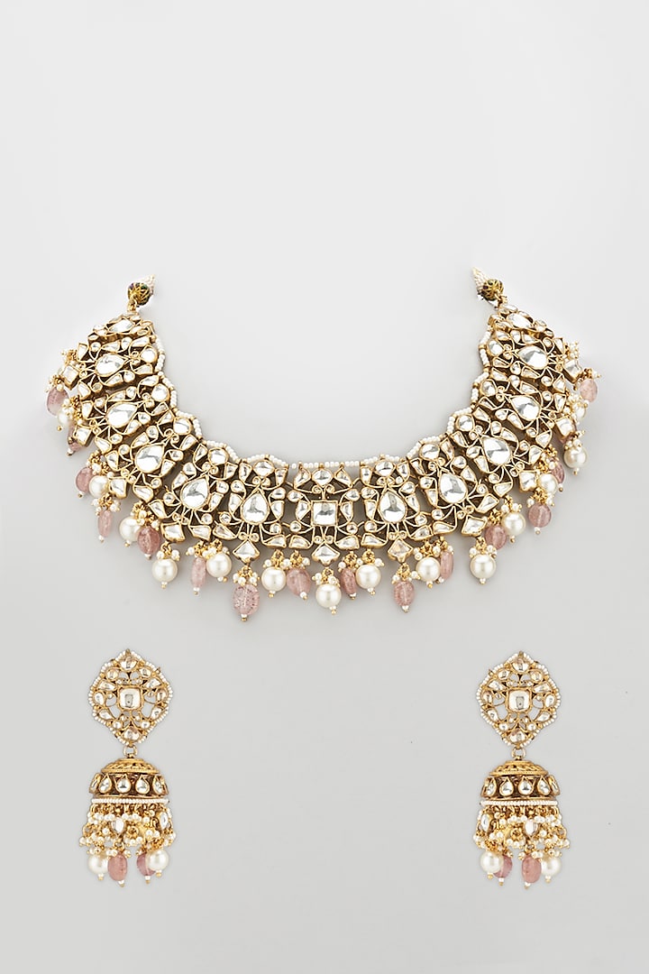 Gold Plated Jadtar Stone Necklace Set by Riana Jewellery