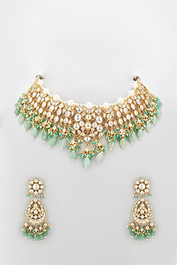 Gold Plated Necklace Set With Jadtar Stone by Riana Jewellery