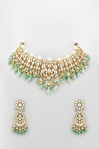 Gold Plated Necklace Set With Jadtar Stone by Riana Jewellery