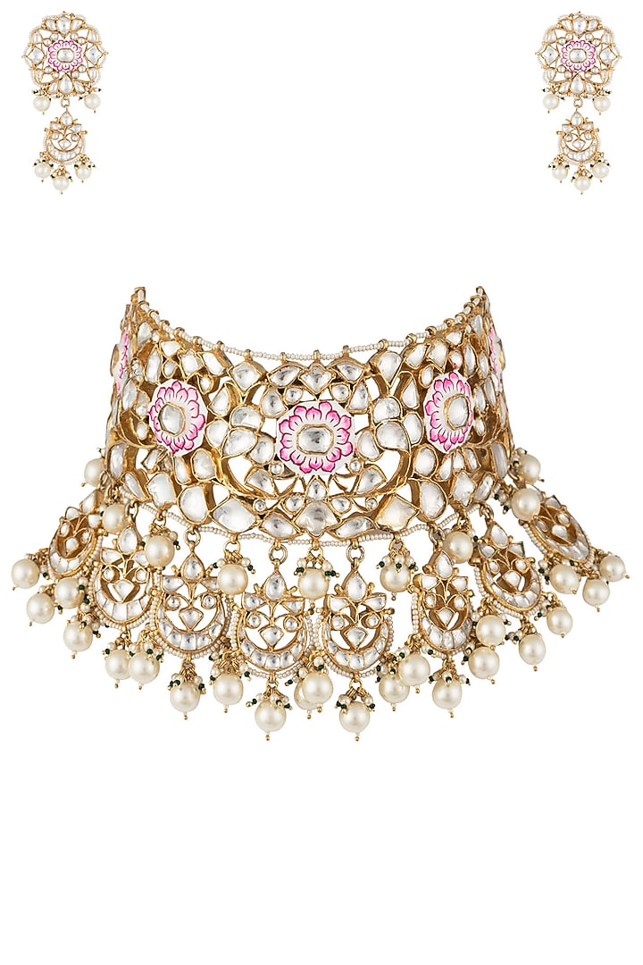 Gold plated white and pink meena necklace set by RIANA JEWELLERY at Pernia's Pop Up Shop