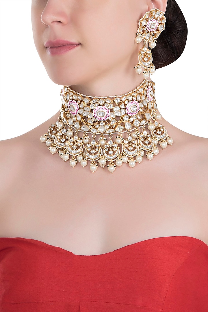 Gold plated white and pink meena necklace set by RIANA JEWELLERY