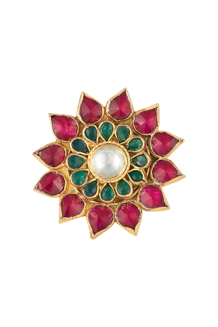Gold plated pink and green floral ring by RIANA JEWELLERY at Pernia's Pop Up Shop