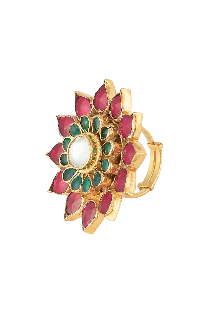 Gold plated pink and green floral ring by RIANA JEWELLERY at Pernia's Pop Up Shop