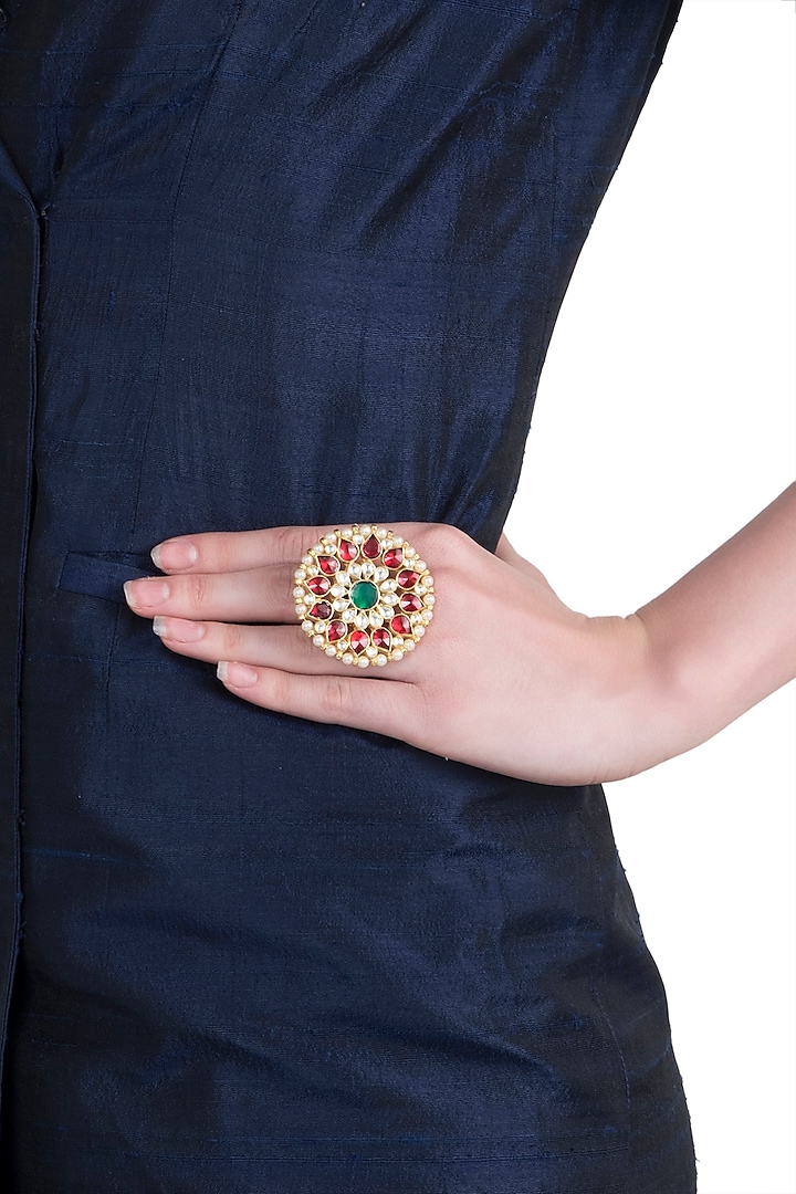 Gold plated red and green ring by RIANA JEWELLERY
