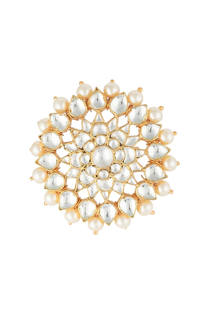 Gold plated jadtar floral pearl ring by RIANA JEWELLERY at Pernia's Pop Up Shop