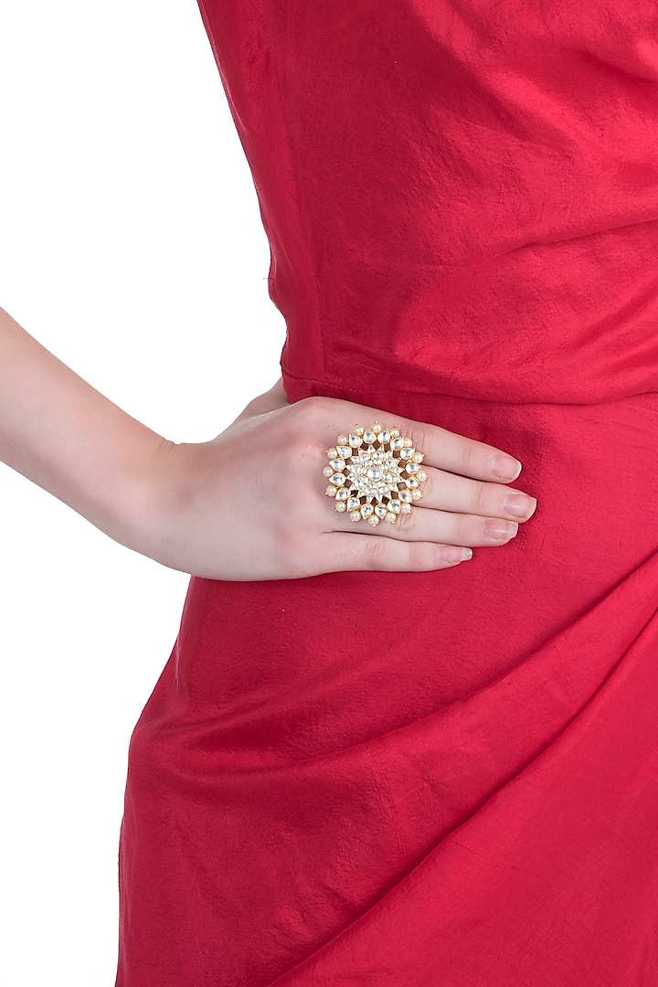 Gold plated jadtar floral pearl ring by RIANA JEWELLERY