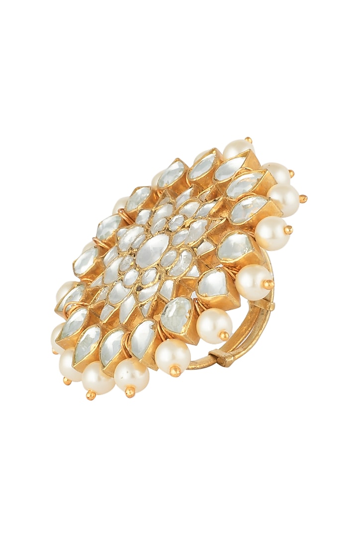 Gold plated jadtar floral pearl ring by RIANA JEWELLERY at Pernia's Pop Up Shop