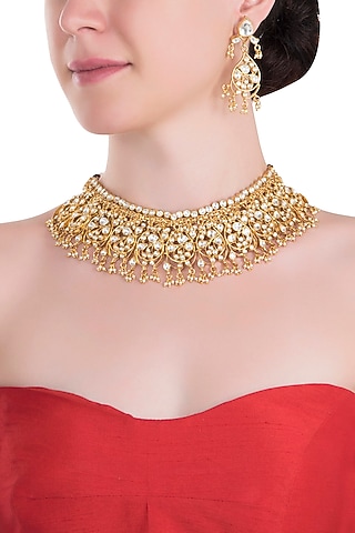 Gold plated oval motive necklace set by RIANA JEWELLERY
