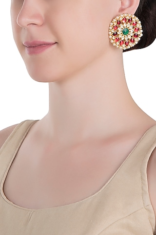Gold plated red stud earrings by RIANA JEWELLERY