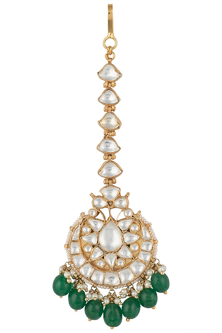 Gold plated white and green drops jadtar maang tikka by RIANA JEWELLERY at Pernia's Pop Up Shop