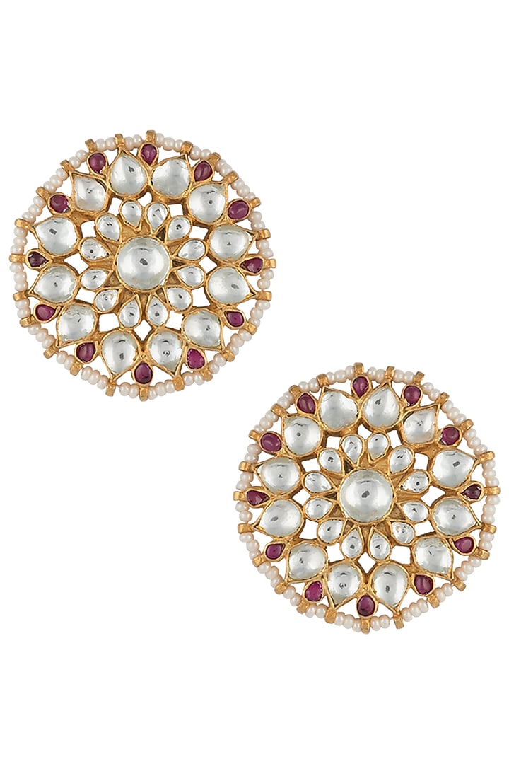 Gold plated pink and white stud earrings by RIANA JEWELLERY at Pernia's Pop Up Shop