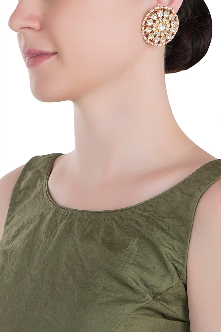 Gold plated pink and white stud earrings by RIANA JEWELLERY at Pernia's Pop Up Shop