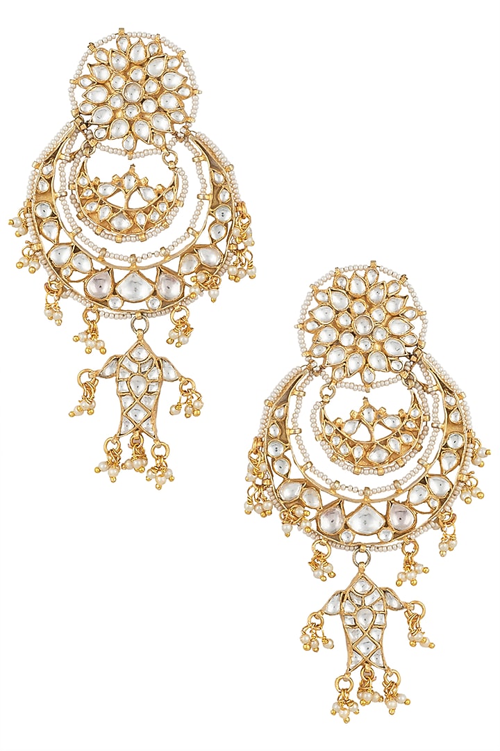 Gold plated white chandbali earrings by RIANA JEWELLERY at Pernia's Pop Up Shop