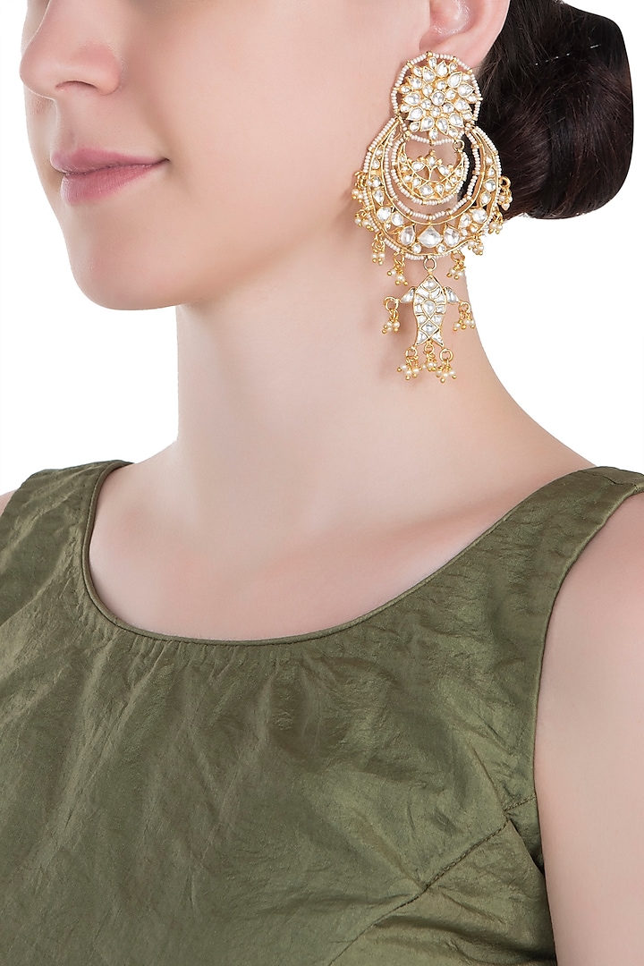 Gold plated white chandbali earrings by RIANA JEWELLERY