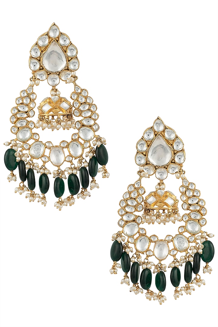 Gold plated green and white jhumka earrings by RIANA JEWELLERY at Pernia's Pop Up Shop