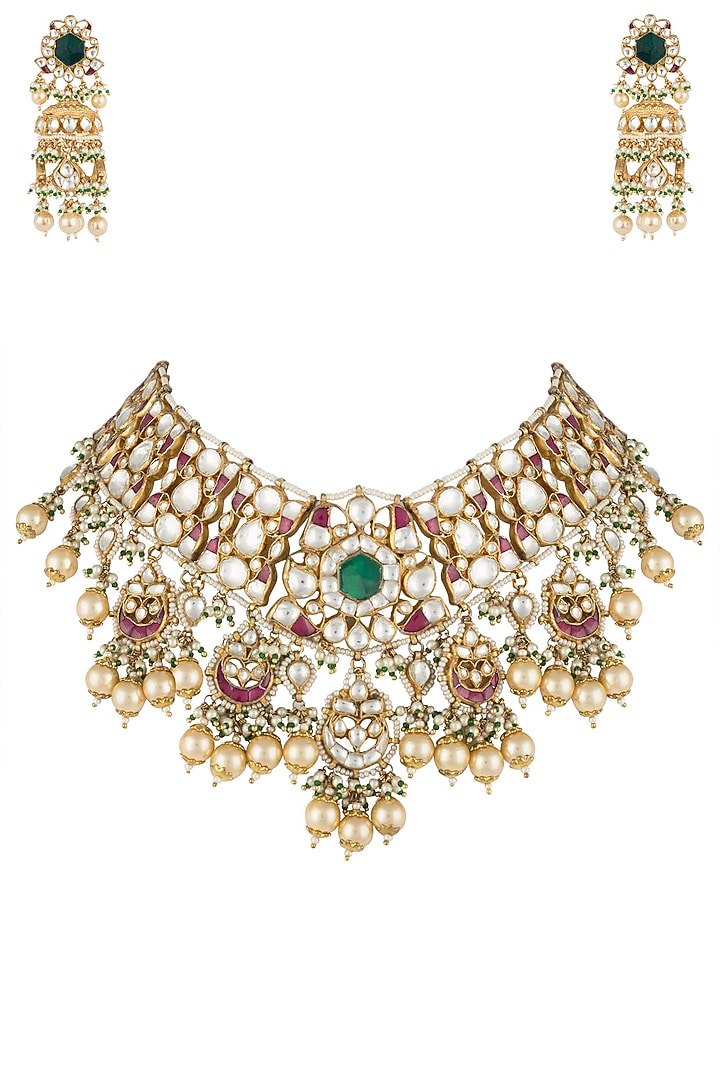 Gold plated jodhpur style green stone necklace set by RIANA JEWELLERY at Pernia's Pop Up Shop