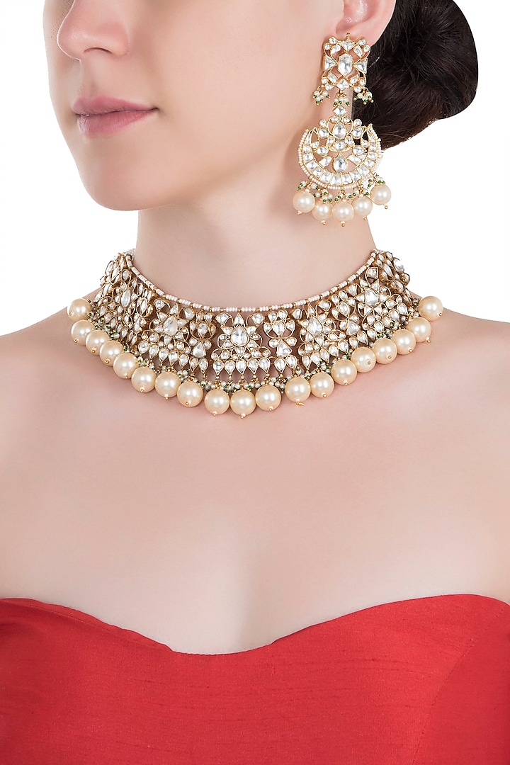 Gold plated white choker pearl necklace set by RIANA JEWELLERY