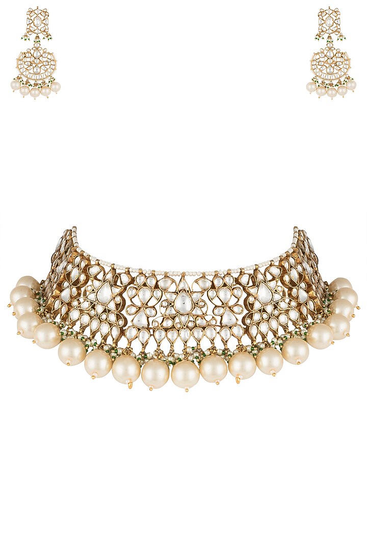 Gold plated white choker pearl necklace set by RIANA JEWELLERY at Pernia's Pop Up Shop